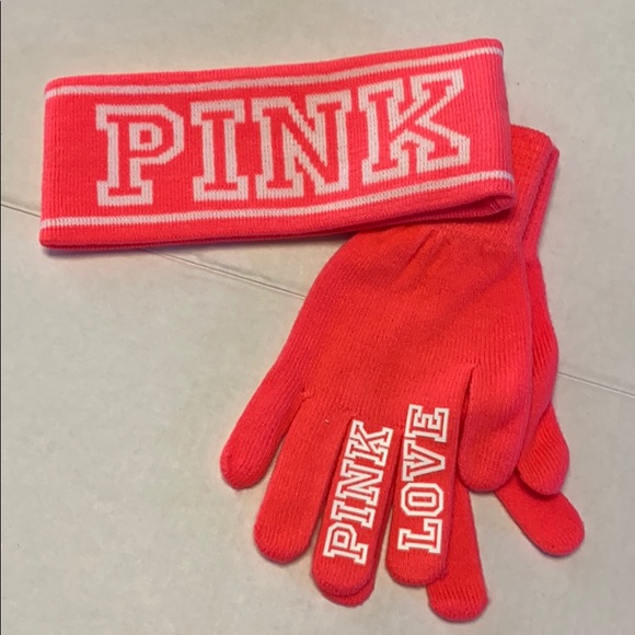 PINK Victoria's Secret Accessories - Rare VS Pink neon gloves and ear warmer headband